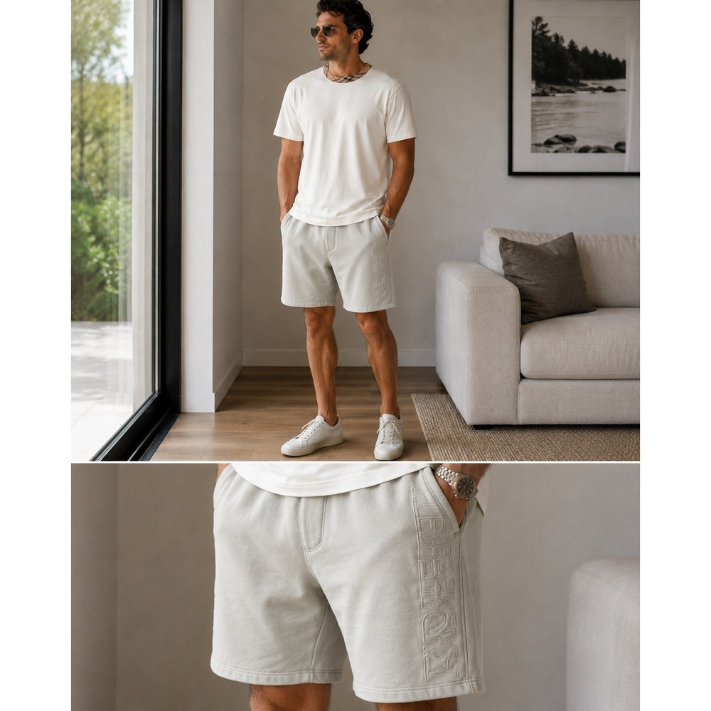 Burberry Shorts Mens XL Casual Sweat shorts Cream Embossed Logo Authentic NWT